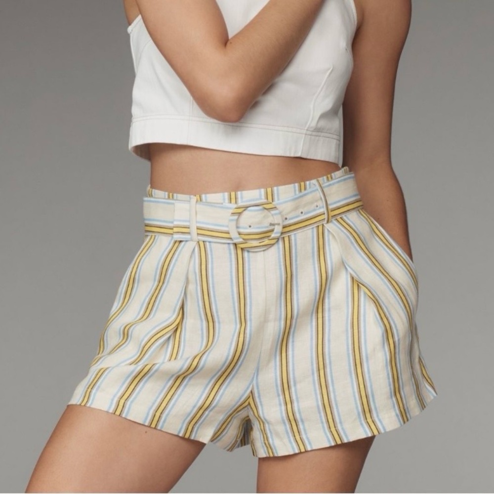 🟠NWT MAEVE by ANTHROPOLOGIE High Rise Linen Striped Belted Shorts - Yellow